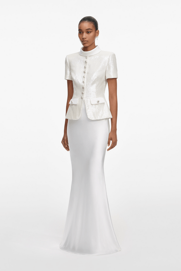 White Sequin Tailored Maxi Dress - ALBOUSHIYA - district 5 - dubai - riyadh - abaya - dresses - designers - evening wear - luxury - elegance - craftsmanship - gowns - cocktail dresses - collections - georges