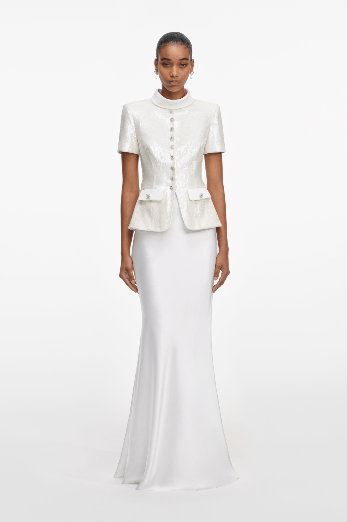 White Sequin Tailored Maxi Dress - ALBOUSHIYA - district 5 - dubai - riyadh - abaya - dresses - designers - evening wear - luxury - elegance - craftsmanship - gowns - cocktail dresses - collections - georges