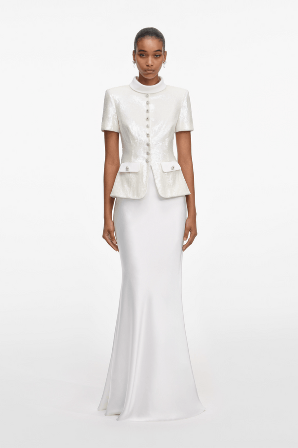 White Sequin Tailored Maxi Dress - ALBOUSHIYA - district 5 - dubai - riyadh - abaya - dresses - designers - evening wear - luxury - elegance - craftsmanship - gowns - cocktail dresses - collections - georges