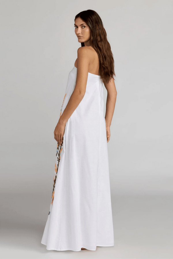 White Strapless Floral Embroidered Linen Gown - ALBOUSHIYA - district 5 - dubai - riyadh - abaya - dresses - designers - evening wear - luxury - elegance - craftsmanship - gowns - cocktail dresses - collections - georges