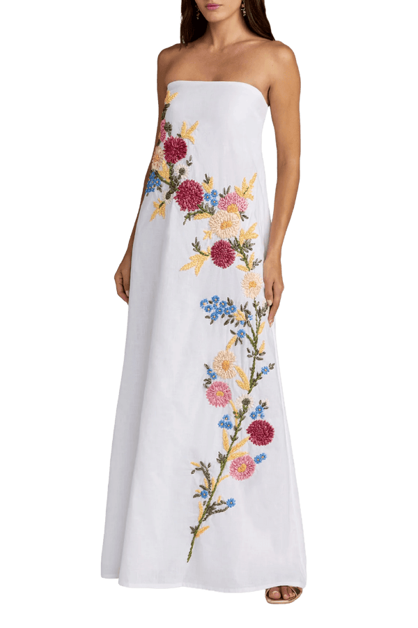 White Strapless Floral Embroidered Linen Gown - ALBOUSHIYA - district 5 - dubai - riyadh - abaya - dresses - designers - evening wear - luxury - elegance - craftsmanship - gowns - cocktail dresses - collections - georges