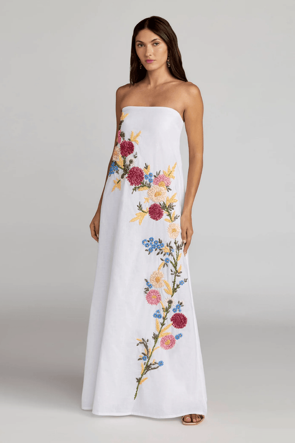 White Strapless Floral Embroidered Linen Gown - ALBOUSHIYA - district 5 - dubai - riyadh - abaya - dresses - designers - evening wear - luxury - elegance - craftsmanship - gowns - cocktail dresses - collections - georges