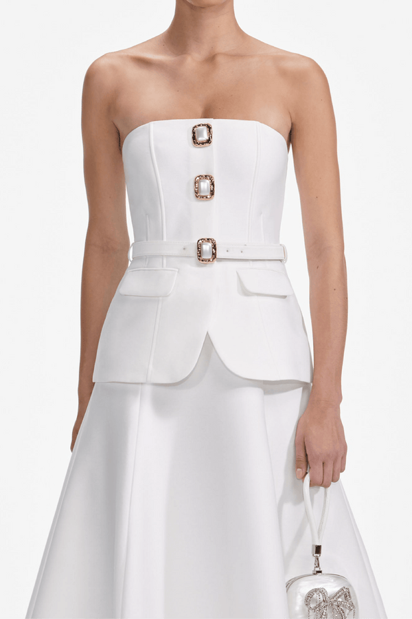 White Taffeta Bandeau Midi Dress - ALBOUSHIYA - district 5 - dubai - riyadh - abaya - dresses - designers - evening wear - luxury - elegance - craftsmanship - gowns - cocktail dresses - collections - georges