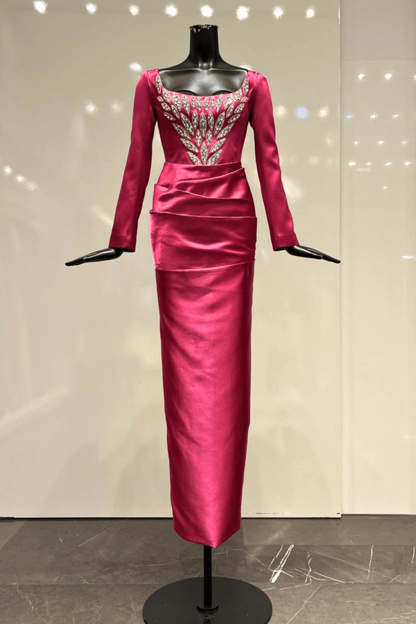 Wren Sheath Square Neck Duchess Satin Floor Length Dress - ALBOUSHIYA - district 5 - dubai - riyadh - abaya - dresses - designers - evening wear - luxury - elegance - craftsmanship - gowns - cocktail dresses - collections - georges