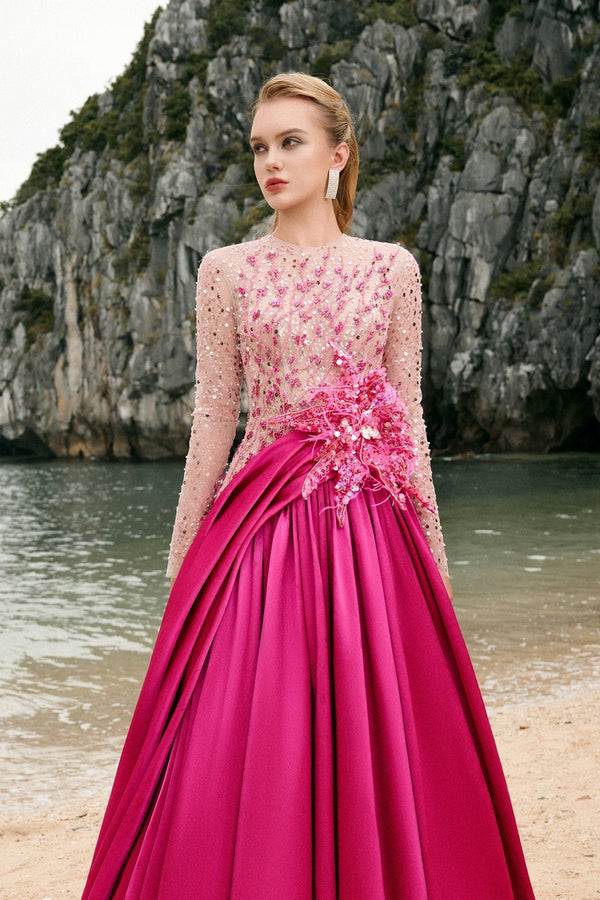 Zoe Ball Gown Sequin Duchess Satin Extra Long Length Dress - ALBOUSHIYA - district 5 - dubai - riyadh - abaya - dresses - designers - evening wear - luxury - elegance - craftsmanship - gowns - cocktail dresses - collections - georges