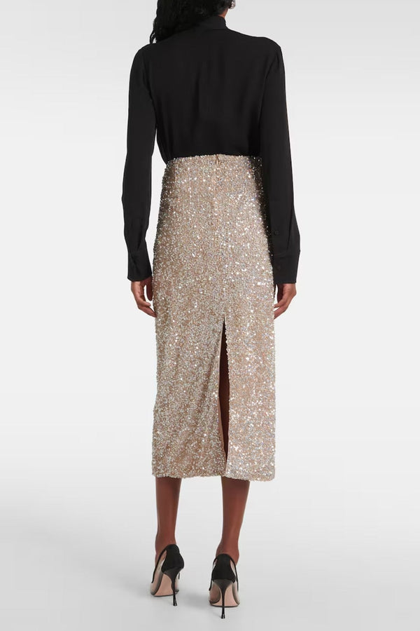 Zuri Ruched Sequined Midi Skirt - ALBOUSHIYA - district 5 - dubai - riyadh - abaya - dresses - designers - evening wear - luxury - elegance - craftsmanship - gowns - cocktail dresses - collections - georges